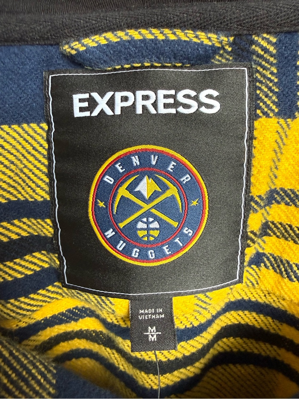 Men's NBA Denver Nuggets Hooded Plaid Button-Up Jacket - Yellow & Navy - Picture 8 of 9